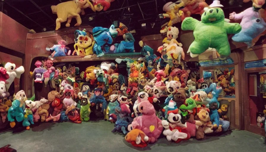 Prompt: 1990s photo of inside the Haunted Beanie Babies ride at Universal Studios in Orlando, Florida, people riding a Beanie Baby through a haunted Stuffed animal world world , cinematic, UHD