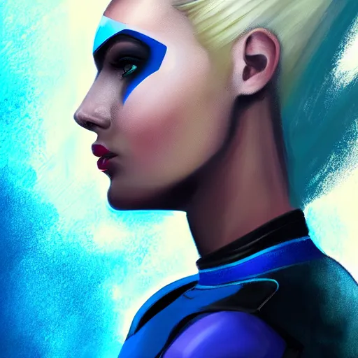 Prompt: a stunning upper body portrait of a beautiful young woman wearing futuristic navy blue and teal battle bodyarmor with ombre bleach blonde hairstyle blowing in the wind by marvel comics, digital art, trending on artstation