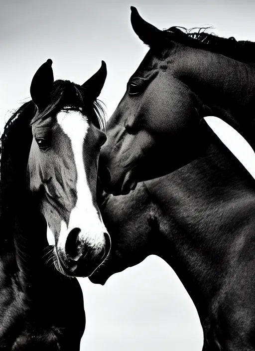 Image similar to two horses black and white portrait white sky in background