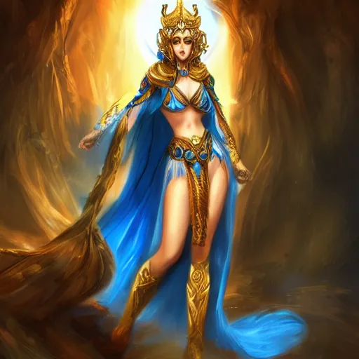 Prompt: seductive divine goddess with bright blue eyes and golden robe in a dark cave, digital art dnd beyond trending on art station,