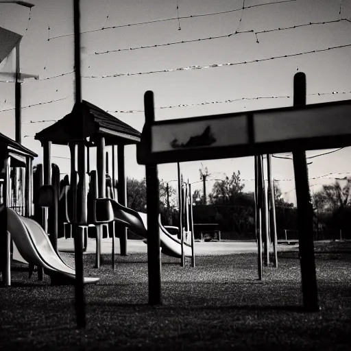 Prompt: old kids playground at night, liminal, vintage, 3 5 mm film, nostalgic and euphoric, 4 k, 8 k, photorealistic, film grain, chromatic aberration