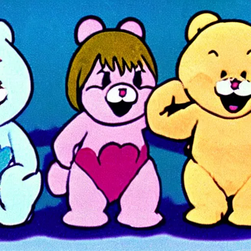 Image similar to appearance by the care bears in the moomin anime ( 1 9 8 2 ), pastel colours