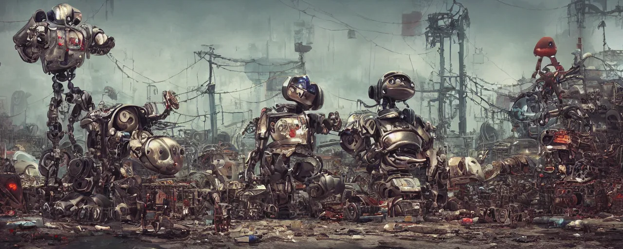 Prompt: an intricate concept art of a robot junk yard behind chainlink fence with warning sign and giant screaming chucky doll, cinematic, post - apocalyptic, matte painting, concept art, hyper realistic, artstation, deviantart, style by feng zhu and dylan cole, octane render, anime style