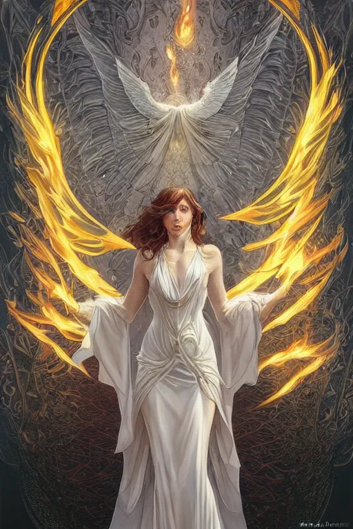 Prompt: phoenix bahamut in white dresses of fireflies and flameches, flames intricate stainglass background, elegant, highly detailed, digital painting, artstation, concept art, matte, sharp focus, illustration, intricate art nouveau frame, art by Artgerm and Greg Rutkowski and Alphonse Mucha