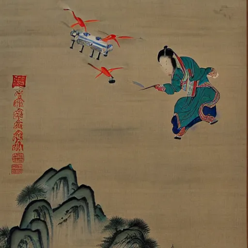 Image similar to the Chinese ancient painting of a lady flying a drone in Tang Dynasty , by Han Xizai