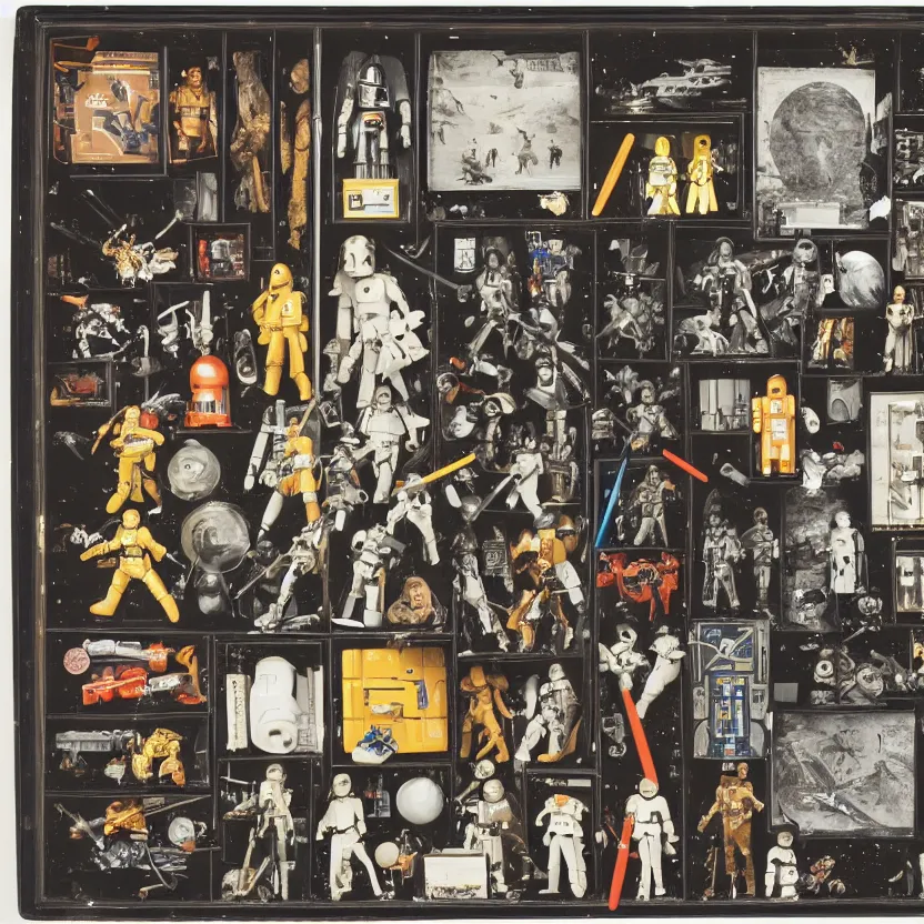 Image similar to a well - lit, detailed museum archive rich color photograph of a star wars memory box by joseph cornell, containing action figures, black and white photographs, and a star chart