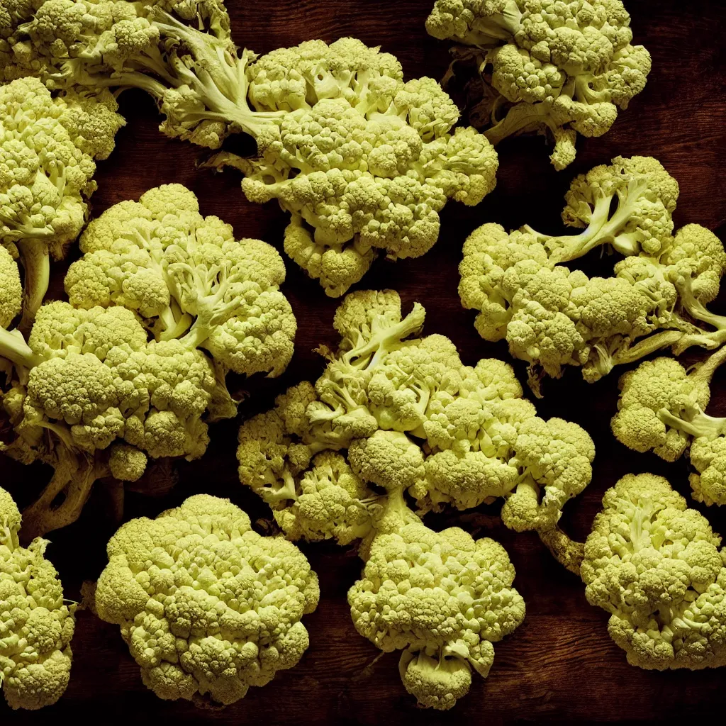 Prompt: large fractal of cauliflowers roots, over vivid dark wood table, precise, symmetrical, geometrical. food photography. super detailed. masterpiece