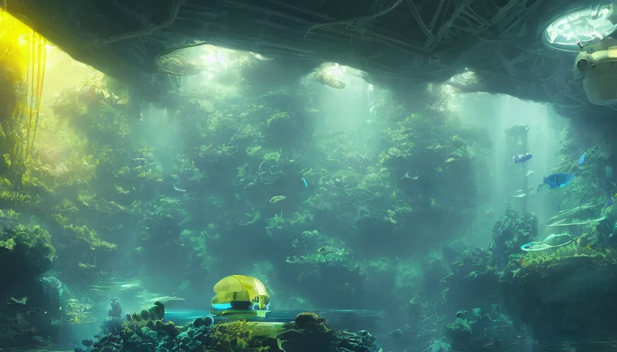 Prompt: interview of an underwater jungle built under blue domes, yellow lights, hyperdetailed, artstation, cgsociety, 8 k