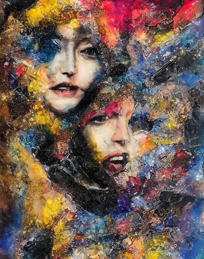 Prompt: ardent celestial orgasmic passion between us detailed analogue mixed media collage with canvas texture in style of contemporary art, punk art, hyperrealistic beautiful face, photorealism, expressionism, masterpiece, perfect composition, spectacular quality, intricate oil details, broken glass