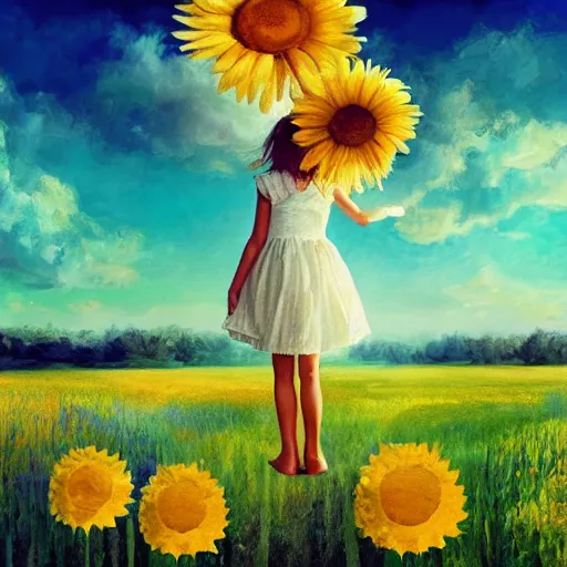 Prompt: head made of giant daisies, girl standing barefoot in a vast flower field, arms behind back, surreal photography, sunrise dramatic light, impressionist painting, colorful clouds, large sky, digital painting, artstation, simon stalenhag, flower face