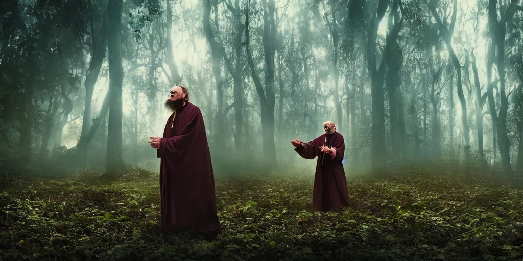 Image similar to a awardwinning wideangle colorchrome photo of a screaming old priest, long beard with 6 eyes, praying. in a forest surrounded by huge mushrooms, beautiful cinematic atmospheric lightning, style Steve McCurry, octane 8k render