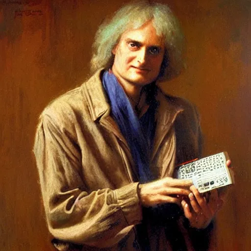 Prompt: portrait of isaac newton holding a 1 9 8 5's computer case, artwork by gaston bussiere, craig mullins, trending on artstation