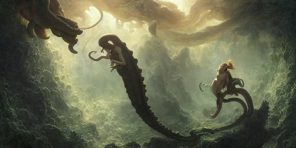 Image similar to Fantasy fairytale story, Great Leviathan Turtle, cephalopod, Cthulhu Squid Terrapin, Mysterious Island, center Universe, hybrid, Reptilian Cyborg, intense celestial fantasy atmospheric lighting, hyper realistic, William-Adolphe Bouguereau, François Boucher, Jessica Rossier, Michael Cheval, michael whelan, Cozy, hot springs hidden Cave, Forest, candlelight, natural light, lush plants and flowers, Spectacular Mountains, bright clouds, luminous stellar sky, outer worlds, Golden dapple lighting, Solar Flare Unreal Engine, HD,