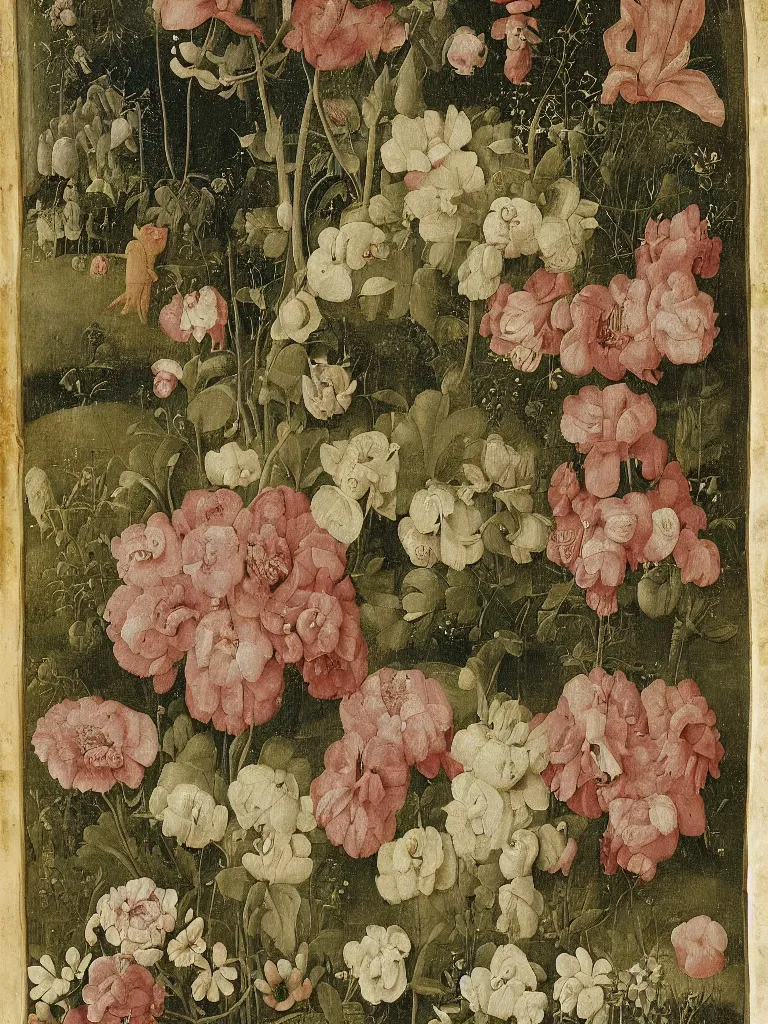 Prompt: beautiful large flowers in a garden, in the style of hieronymus bosch,