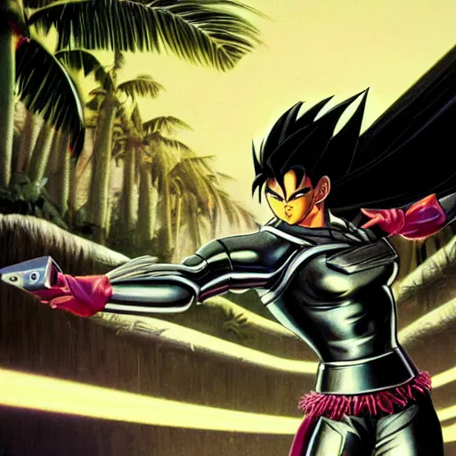 Prompt: 19-year-old muscular warrrior girl wearing chrome silver armor, electrified hair, wild spiky black Saiyan hair, wild black hair, tropical, palm trees, chrome buildings, futuristic base, 1987, Frank Frazetta, pulp art, arcade cabinet art, HD art, wallpaper