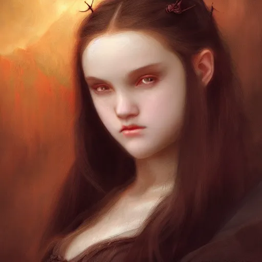 Prompt: portrait of young vampire princess, realistic eyes, headshot, pale skin, 4k, rule of thirds, extreme detail, detailed illustration, trending artstation, hd, fantasy, realistic lighting, by Albert Bierstadt, Frederic Edwin Church.