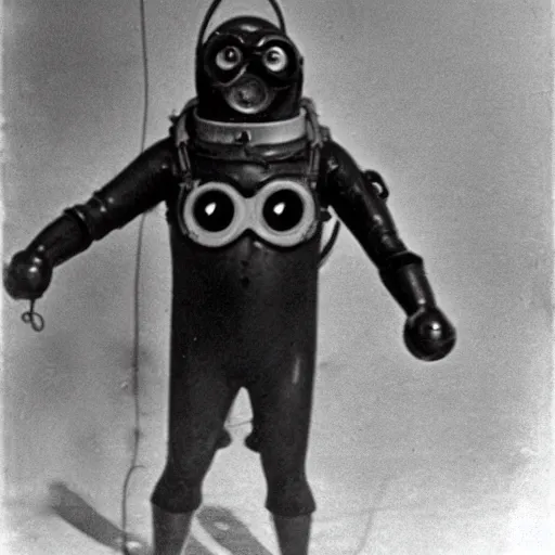 Image similar to old creepy black and white photograph of a minion in deep sea diving gear