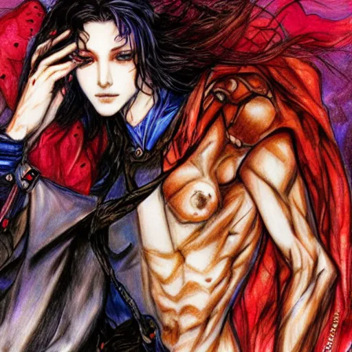 Prompt: a drawing of a woman holding a man, concept art by ayami kojima, featured on pixiv, auto - destructive art, official art, wiccan, parallax.