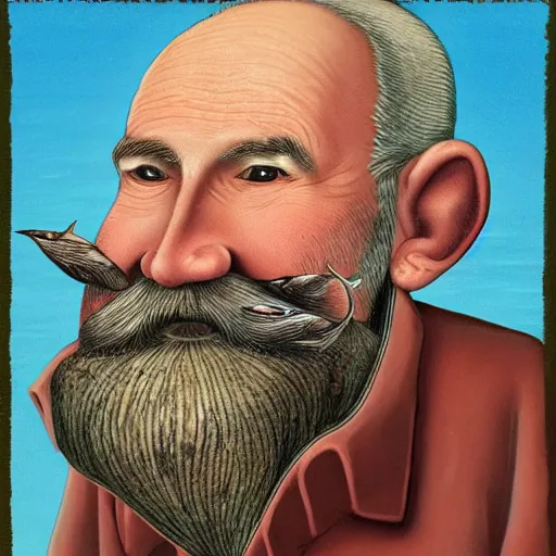 Image similar to old man with a beard full of fish, harbour background, lowbrow surrealistic, in the style of mark ryden,