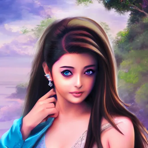 Prompt: beautiful anime cute teen girl resembling Aishwarya Rai, Indian natural beauty expressive pose, art by mark brooks, but as a real life photograph, HDR photorealism, cinematic lighting, 8k ultra high definition