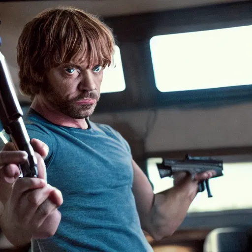 Image similar to shaggy from scooby doo holding a gun, film still from the movie directed by denis villeneuve with art direction by bill ward, wide lens
