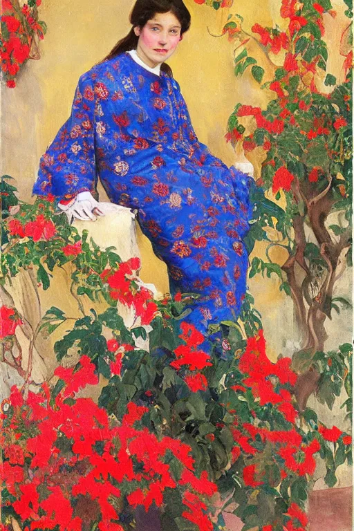 Prompt: a girl with arabesque red and blue and golden detailed scarf near bougainvillea and mexican palms, persian carpet, painting by john singer sargent