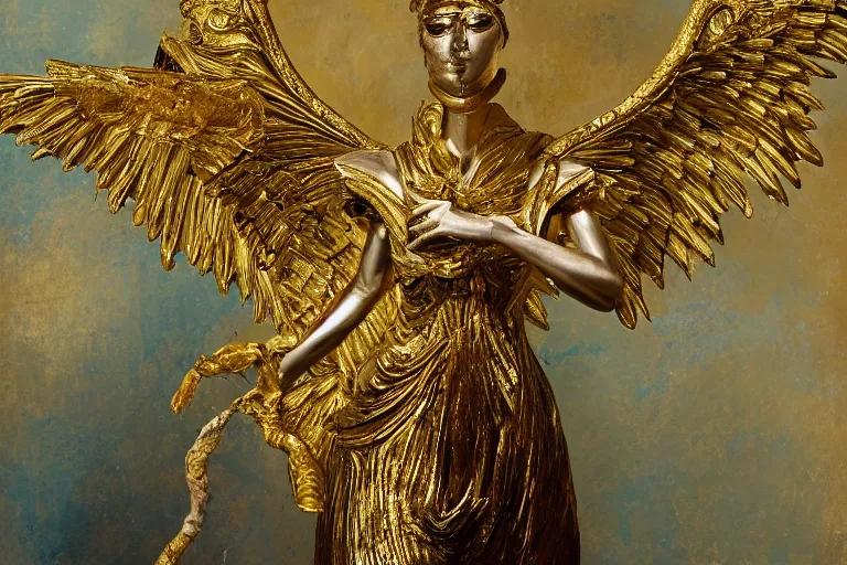 Image similar to a surreal angel with gilded wings and gold accents by Stephan Duquesnoy,