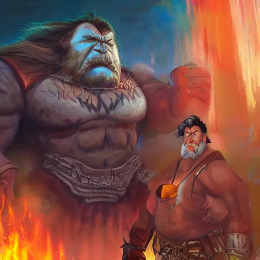 Image similar to a hyper realistic full body portrait of a cartoon character brought to the real world, a combination of a beefy conan the barbarian and a warlock with a kind heart, in the background is a normal suburban backyard by Anato Finnstark, Jordan Grimmer, Ross Tran, 8k,