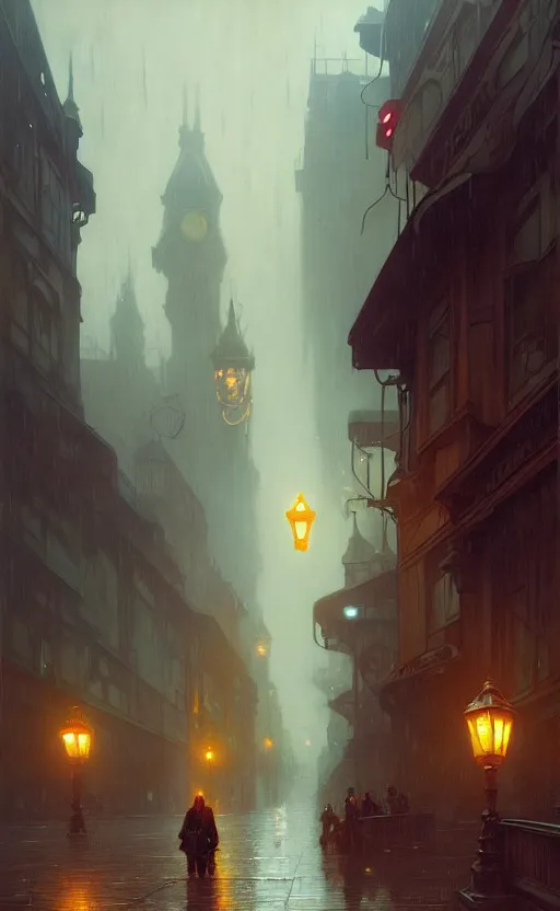 Image similar to an old victorian city with rainy atmosphere and moody and cinematic lighting by alphonse mucha, simon stalenhag and darek zabrocki, cinematic and atmospheric, concept art, artstation, trending on artstation