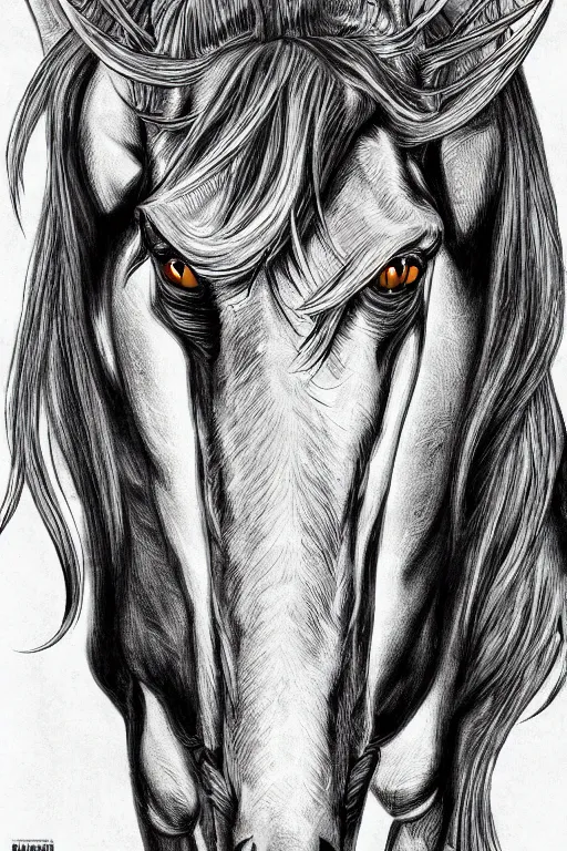 Image similar to evil horse with a horn, symmetrical, highly detailed, digital art, sharp focus, trending on art station, kentaro miura manga art style