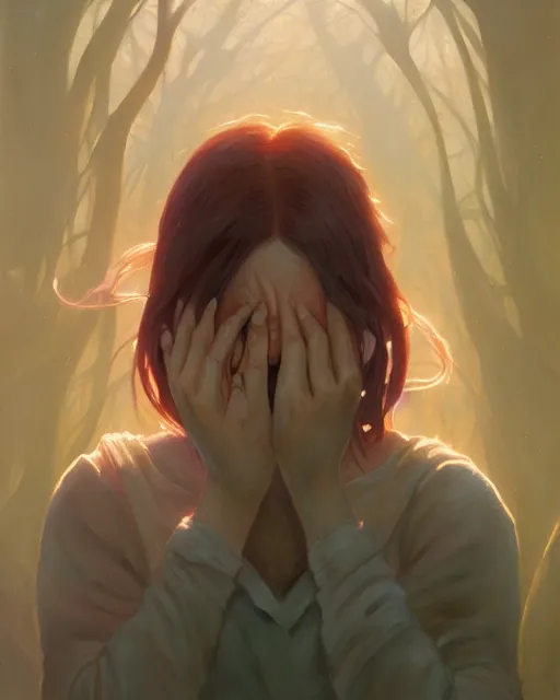 Image similar to highly detailed vfx portrait of a woman crying, unreal engine, greg rutkowski, loish, rhads, beeple, makoto shinkai and lois van baarle, ilya kuvshinov, rossdraws, tom bagshaw, alphonse mucha, global illumination, detailed and intricate environment