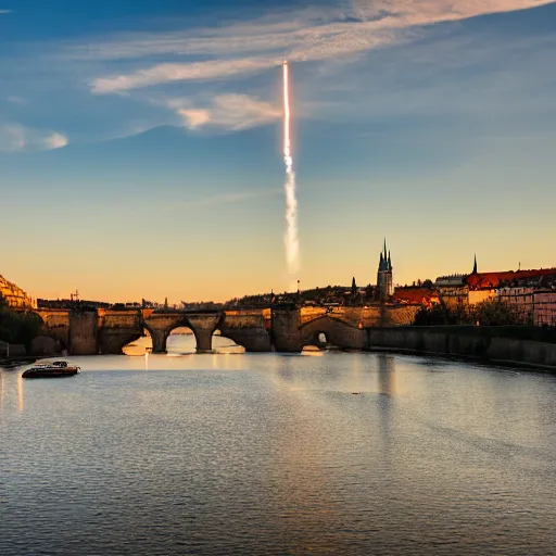 Image similar to a falcon 9 rocket launching from a river platform on Vltava river at sunset , background is the skyline of Prague castle, Charles bridge in the foreground, artistic photo