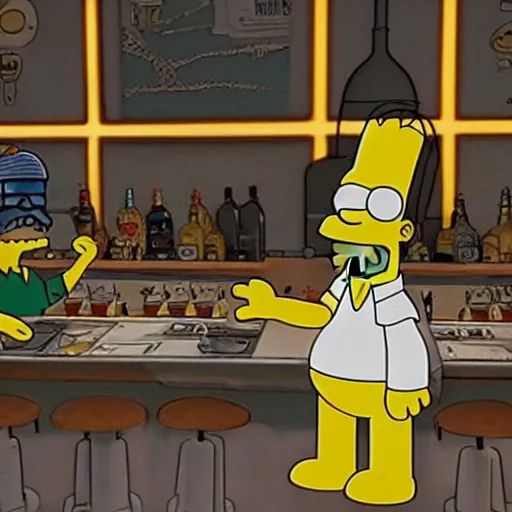 Image similar to concept art homer simpson and bart simpson sitting in a star wars bar, highly detailed cinematic