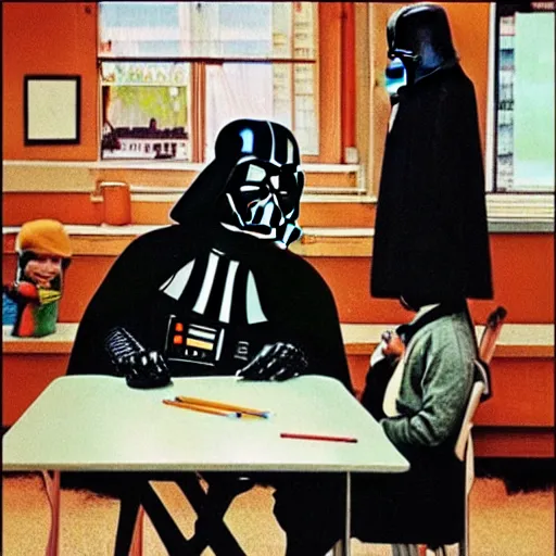 Image similar to “Darth Vader in school room with kids, painting in the style of Norman Rockwell”