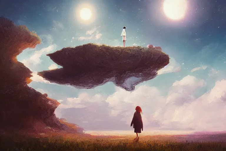 Prompt: giant white daisy flower on the head, girl walking on cliff, surreal photography, solar eclipse, milky way, dramatic light, impressionist painting, clouds, digital painting, artstation, james gilleard, liam wong, jeremy mann, simon stalenhag