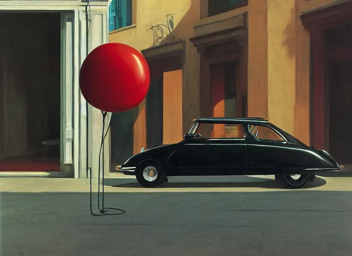 Image similar to A beauty woman with a black balloon stands at Citroën DS 19 in Rome , highly detailed, soft lighting, elegant, by Edward Hopper and James Gilleard, Zdzislaw Beksinski, Steven Outram, highly detailed