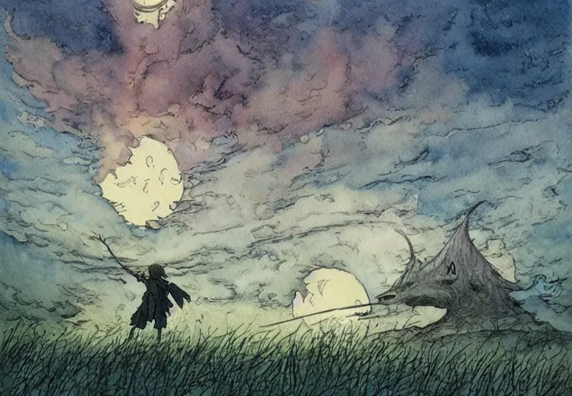 Image similar to a simple watercolor studio ghibli movie still fantasy concept art of a giant shaman from howl's moving castle ( 2 0 0 4 ) on the moors of ireland. it is a misty starry night. by rebecca guay, michael kaluta, charles vess