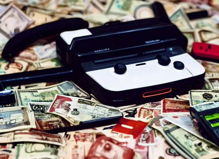 Image similar to realistic photo of nintendo 6 4 video game console in front of stacks of money