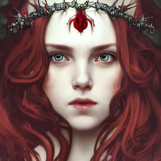 Image similar to portrait of beautiful vampire, rose thorn crown, thorns everywhere, headshot, pale skin, 4k, rule of thirds, extreme detail, detailed drawing, trending artstation, hd, fantasy, D&D, realistic lighting, by Alphonse Mucha, Greg Rutkowski, sharp focus, backlit, bright red hair, necklace, jewelry