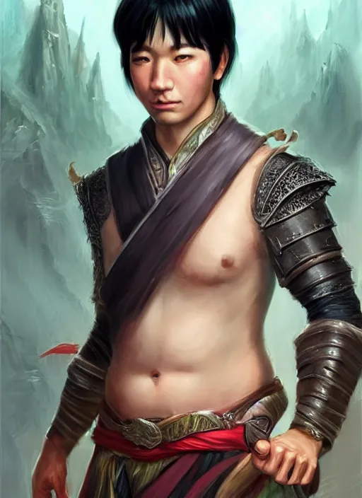 Image similar to asian with medium black hair man looks belly point of view, dndbeyond, bright, colourful, realistic, dnd character portrait, full body, pathfinder, pinterest, art by ralph horsley, dnd, rpg, lotr game design fanart by concept art, behance hd, artstation, deviantart, hdr render in unreal engine 5