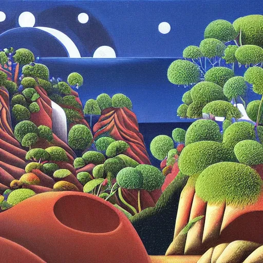 Image similar to painting of a lush natural scene on an alien planet by gerardo dottori. extremely detailed. futurism. beautiful landscape. weird vegetation. cliffs and water.