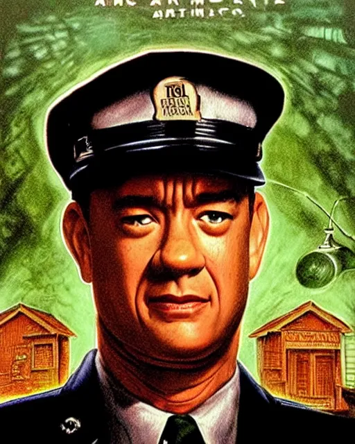 Image similar to tom hanks wearing prison guard uniform in the green mile, airbrush, drew struzan illustration art, key art, movie poster