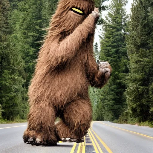 Image similar to Sasquatch pushing a big tree onto highway traffic