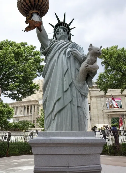 Image similar to A marble statue of a squirrel holding an acorn in the style of Statue of Liberty. museum photo