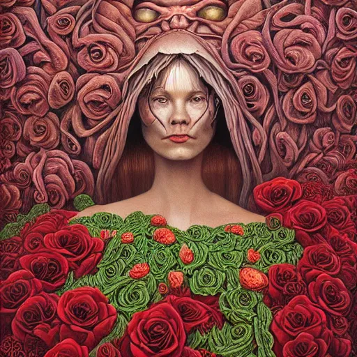 Prompt: the queen of vines and roses by jacek yerka, alex gray, zdzisław beksiński, dariusz zawadzki, jeffrey smith and h.r. giger, oil on canvas, 8k highly professionally detailed, trending on artstation