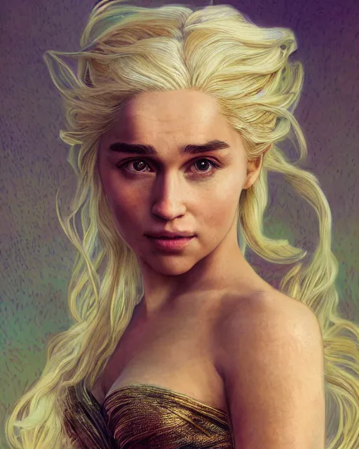 Image similar to closeup portrait of happy beautiful daenerys targaryen leaning against dragons, long blonde windblown hair and dragonskin armor, standing on a ledge of a mountain, glamour pose, detailed illustration, digital art, trending on artstation, soft ambient lighting, volumetric lighting, rim lighting, yoshitaka amano, daniel merriam, alphonse mucha, arney freytag