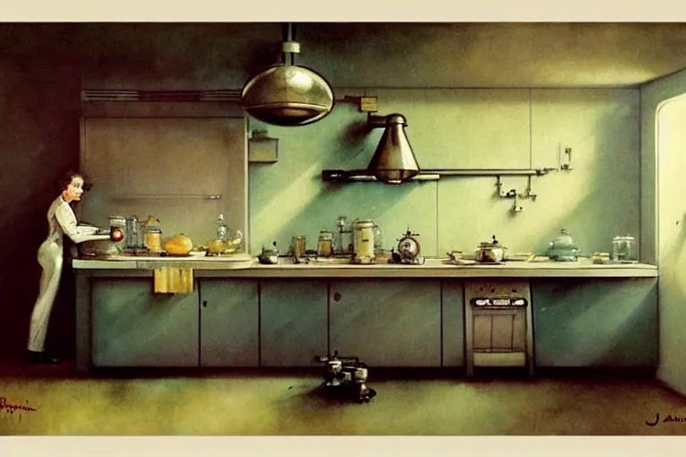 Image similar to ( ( ( ( ( 1 9 5 0 s retro science fiction kitchen interior scene. muted colors. ) ) ) ) ) by jean - baptiste monge!!!!!!!!!!!!!!!!!!!!!!!!!!!!!!