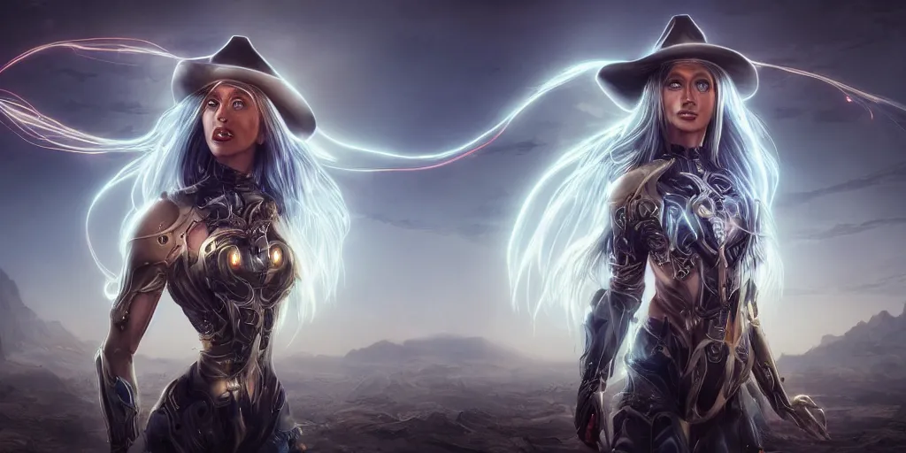 Image similar to Panorama screenshot beautiful female cyborg, beautiful glowing long flowing silver hair, super bright gold glowing eyes, wearing a cowboy hat, photographic highly detailed desert, hybrid from The Elden Ring and art direction by Darius Zawadzki ;by artgerm; wayne reynolds art station; cinematic quality character render; low angle; ultra high quality model; production quality cinema model
