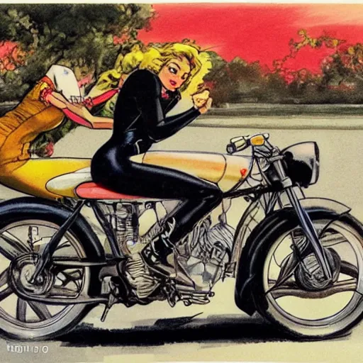 Image similar to a pin up riding a touring motorcycle at high speed, front view, by milo manara