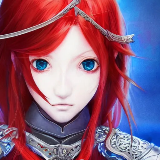 Image similar to a red haired female knight with a holy sword as an absurdly beautiful, elegant, sensual anime girl, blue background, ultrafine hyperrealistic detailed face illustration by kim jung gi, irakli nadar, intricate linework, sharp focus, bright colors, matte, octopath traveler, final fantasy, unreal engine highly rendered, global illumination, radiant light, intricate environment